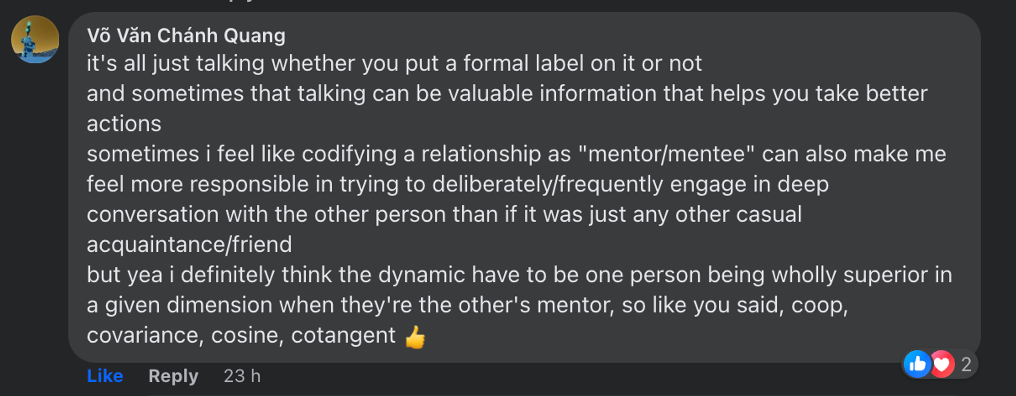 A comment on my facebook’s newsfeed sharing about mentor/mentee relationship (which really bound me in)